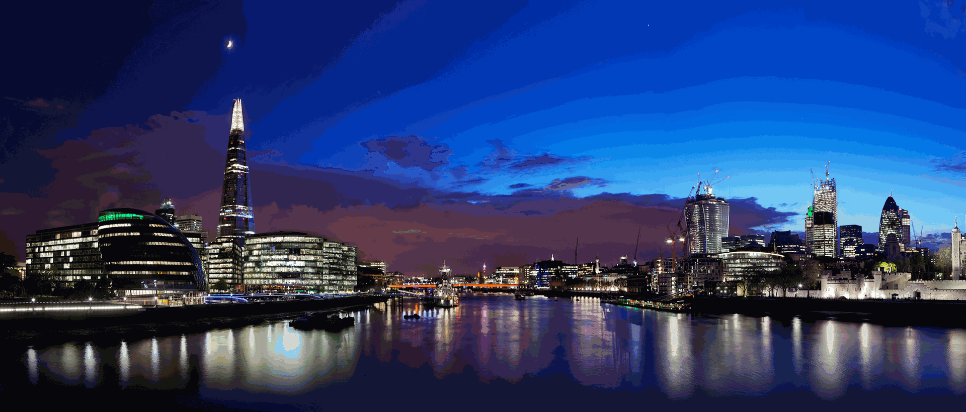 Soft clay-model render of a European riverside city at night, with rounded handmade buildings glowing in deep forest green and warm gold window light, a tall tapered tower reflecting on still water, deep navy and charcoal sky, gentle and atmospheric.